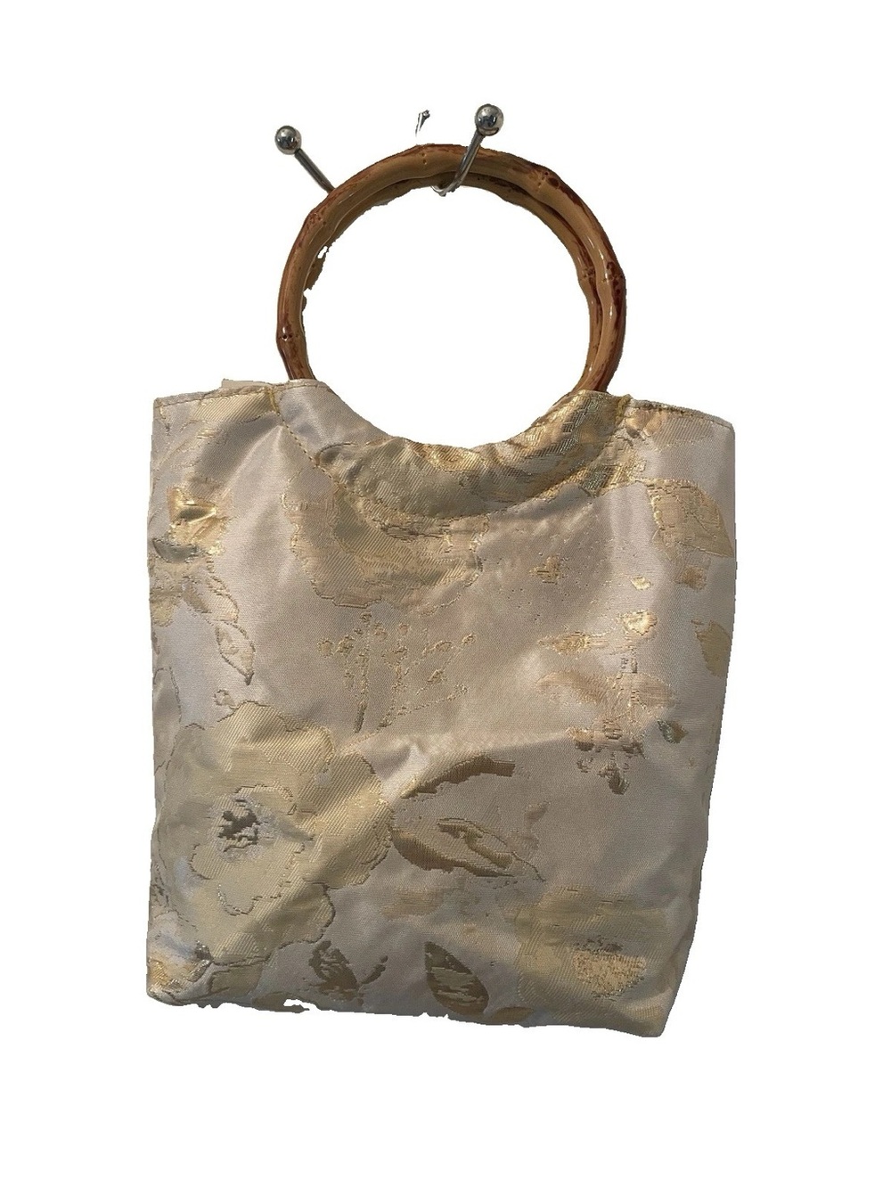 Gold Metallic Floral Jacquard Tote Bag Real Bamboo Handle Mini Tote